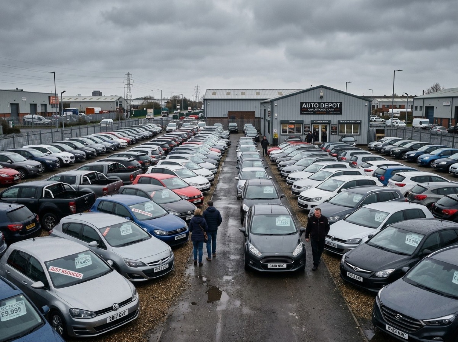 Rows of cars on a dealer forecourt under a grey sky