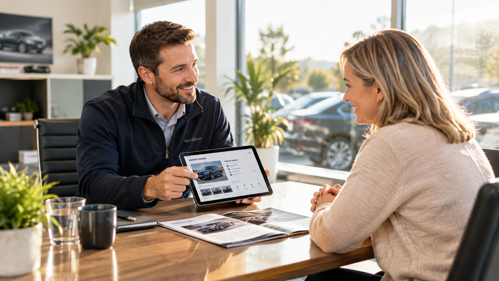 Valuer explaining car details to customer on tablet