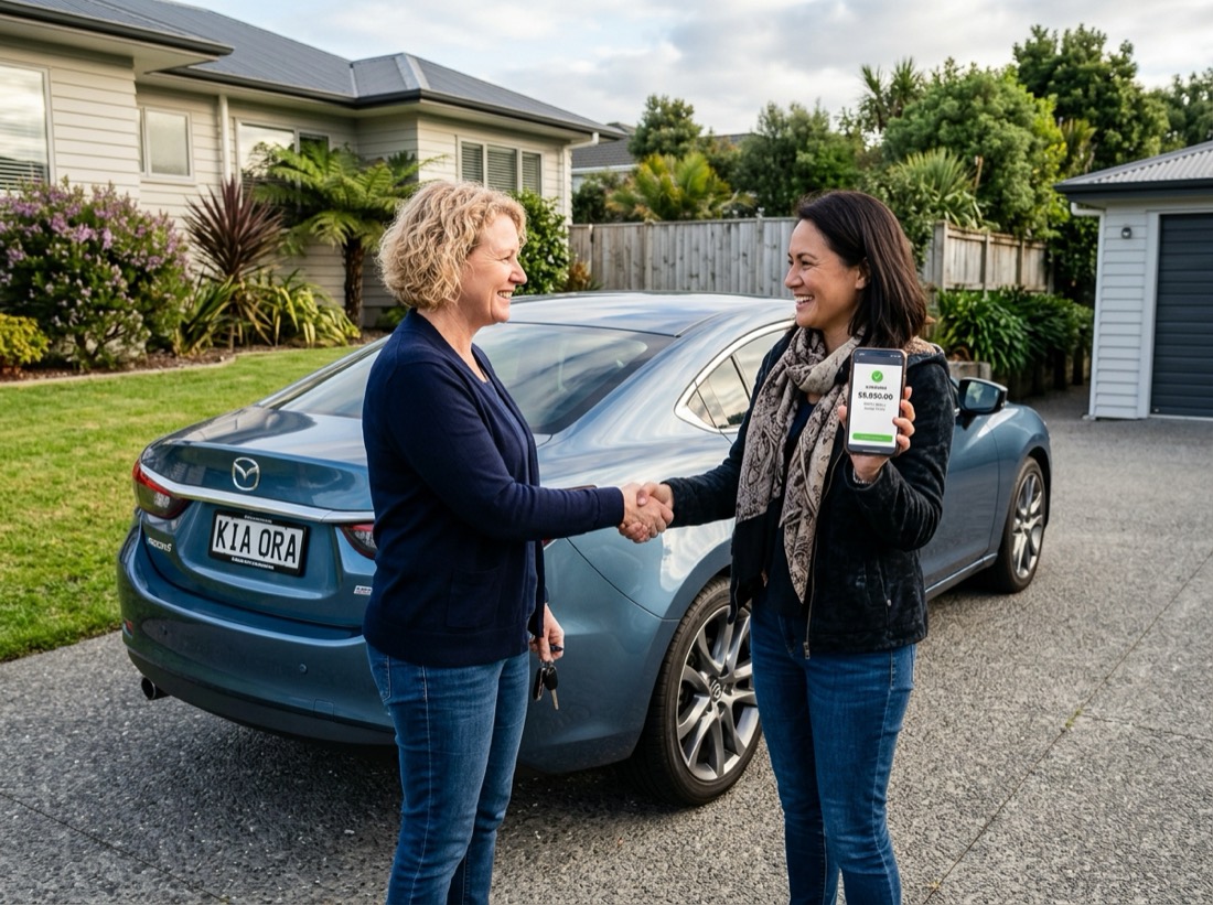 Two people shaking hands by a car, one holding a phone showing the payment