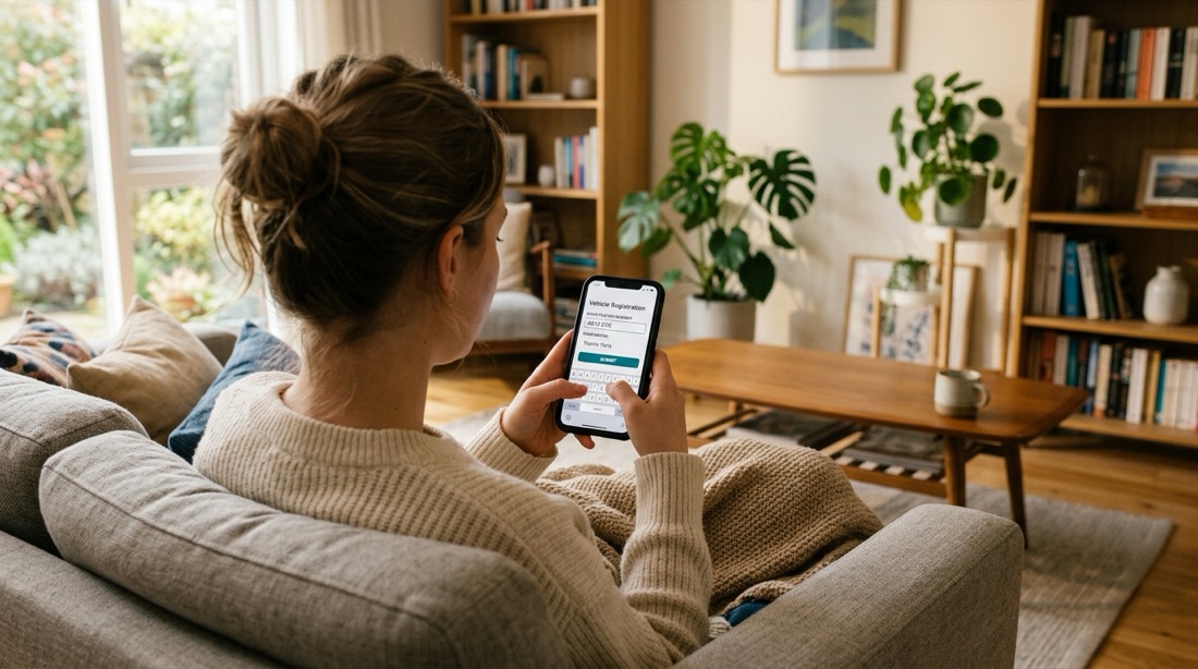 Person filling in the car details form on their phone at home