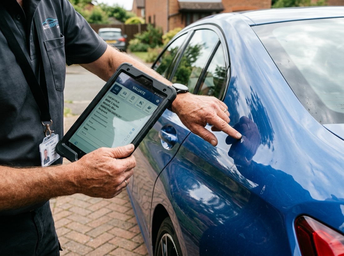 Valuer inspecting a blue car with a tablet in a driveway